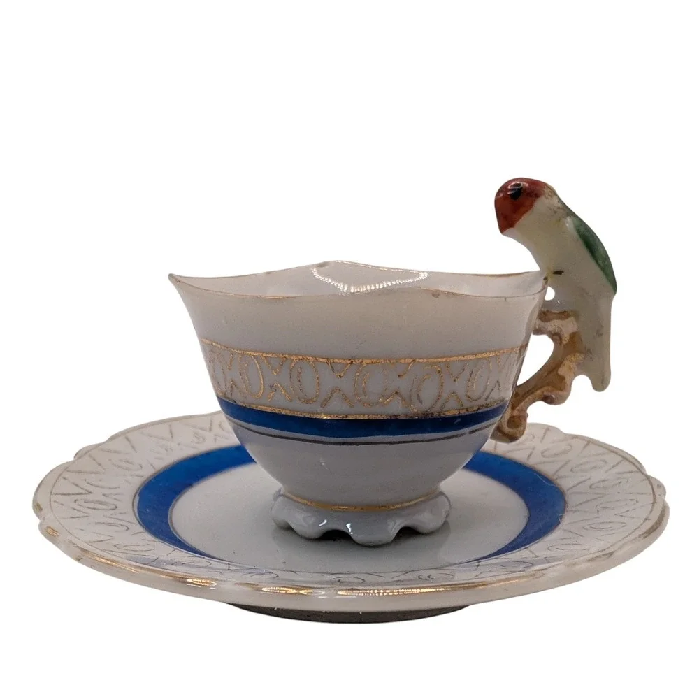 Vintage Demitasse Cup and Saucer Bird‎ on Handle Mid Century Modern Japan SEE